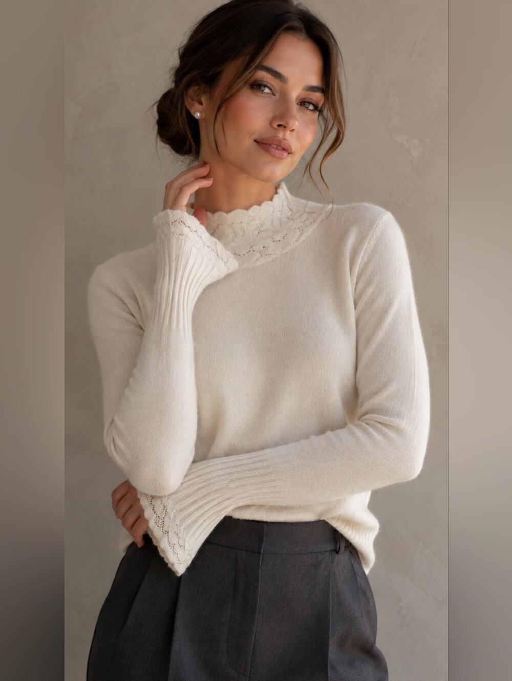 AEMI+CO Winter White Lightweight Lace-Trim Mock Neck Sweater Small